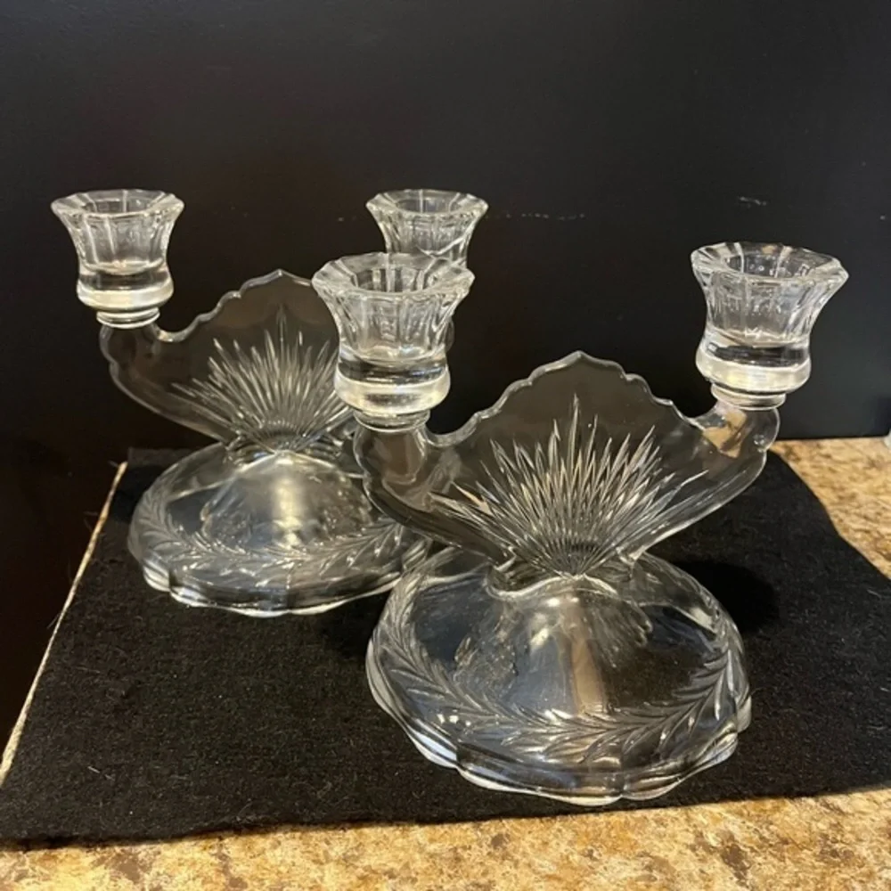 Vintage Clear Jeanette Glass Double Candlestick Sunburst Herringbone Set of Two